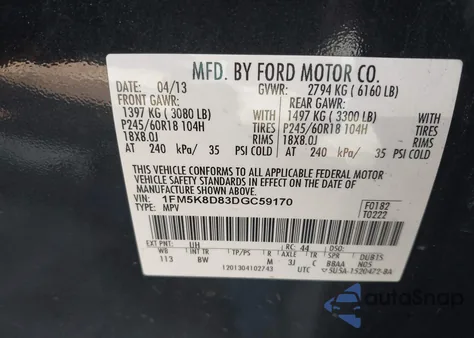 2013 Ford Explorer Xlt из США, поврежденный, VIN 1FM5K8D83DGC59170